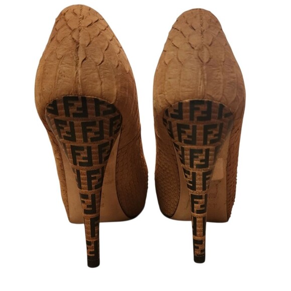 Fendi Shoes Womens 36.5 Tan Leather Embossed Python FF Heel Platform Pump US 6.5 - Picture 9 of 13